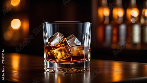  glass of whiskey with ice on bar counter