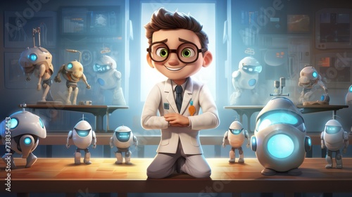Illustration of a mechatronics scientist with advanced robots of the future