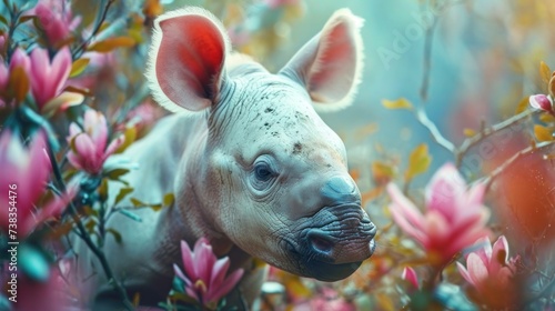 Little rhinoceros with pink flowers on branches