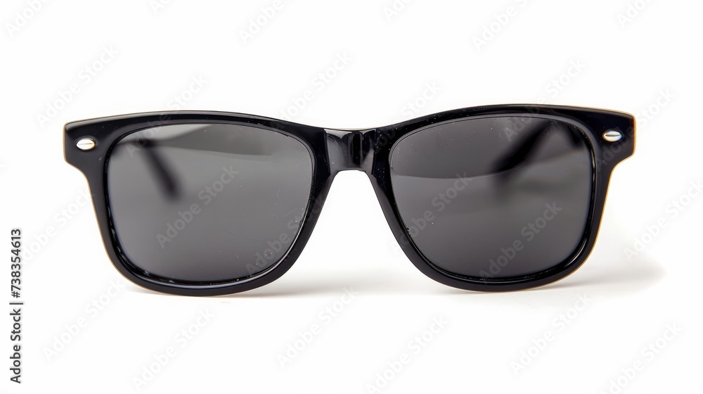 Black sunglasses portrayed against a white background, standing alone. Black sunglasses portrayed against a white background, standing alone.