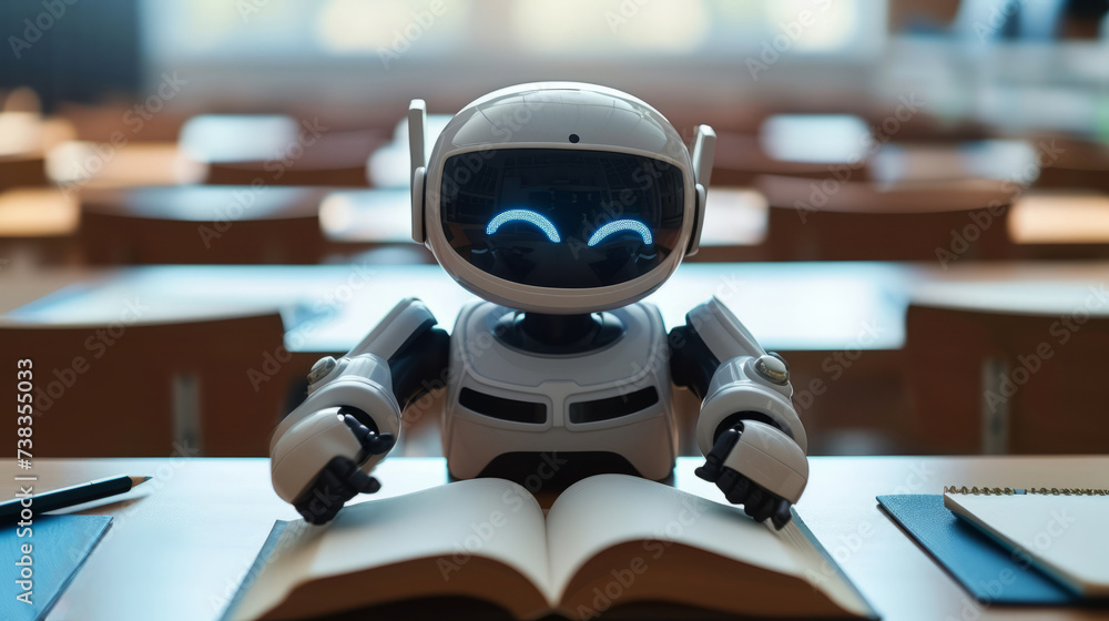 A funny friendly android robot is studying a book on a blurry background of an elementary school classroom. Harmony of technology and childhood, education