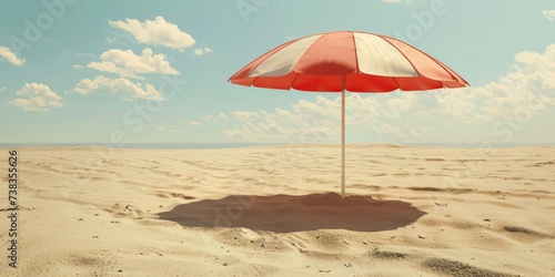 a red and white umbrella is on top of sand at the beach Generative AI photo