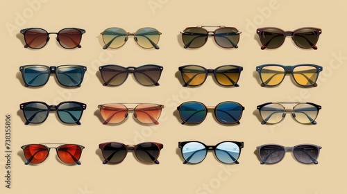 A vector illustration featuring a vintage set of sunglasses, including cats-eye, oval, wayfarer, clubmaster, and aviator styles, each isolated. The illustration includes separate layers for shadows