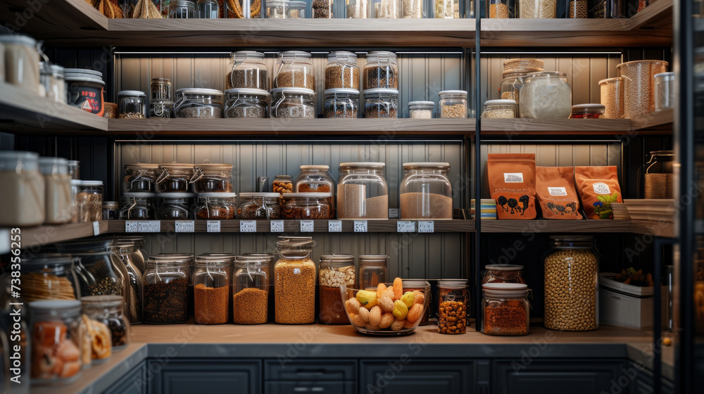 An organized pantry with labeled shelves and storage containers holding various dry goods