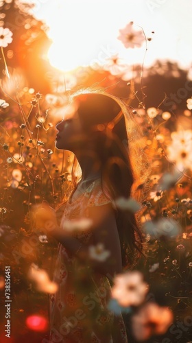 A woman basks in the warm embrace of the setting sun, surrounded by a sea of vibrant flowers, her silhouette glowing in the gentle backlighting of nature