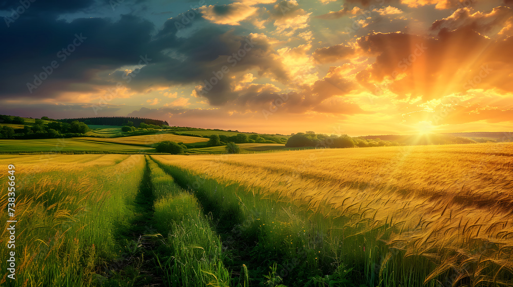 Golden Wheat Field with Sunrays and Cloudy Sky at Sunset Countryside Scenery