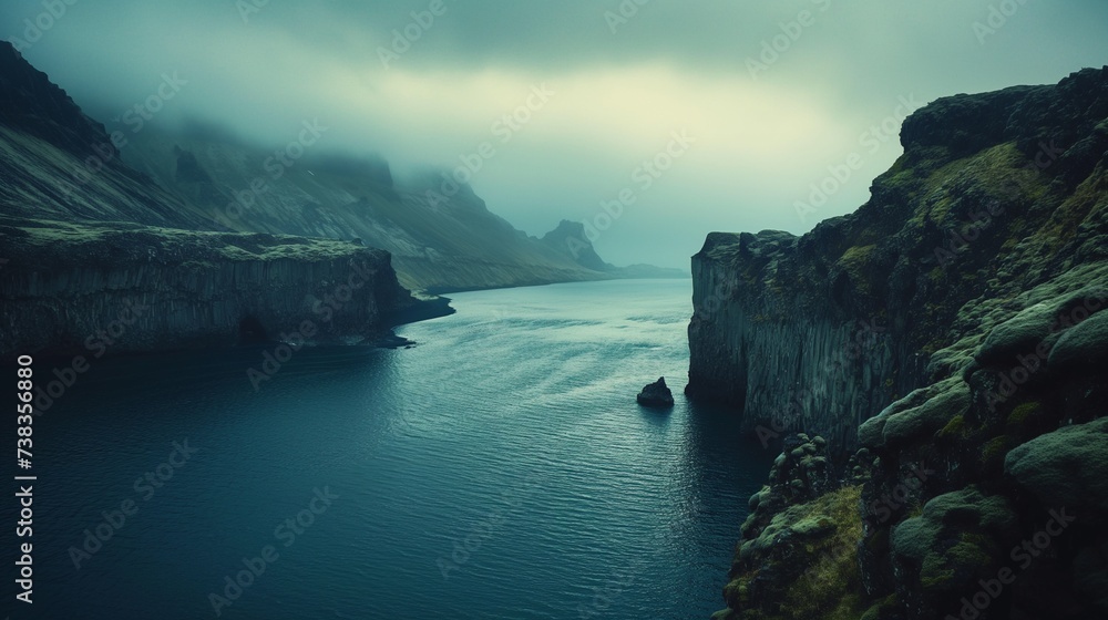 Moody Icelandic fjord with mist-shrouded cliffs and dark, reflective waters - obrazy, fototapety, plakaty 