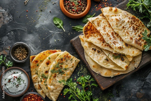 Afghan Bolani, Thin Crispy Flatbread Stuffed with a Savory Filling of Mashed Potatoes, Spinach photo