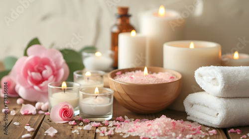 Spa Beauty Salon Relaxation Concept with Candles Bath Salts and Towels