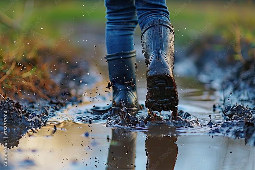 Child Feet in Dirty Puddle Close-Up, Small Rubber Boots in Mud, Mud Boosts Kids Immune System Child Feet in Dirty Puddle Close-Up, Small Rubber Boots in Mud, Mud Boosts Kids Immune System