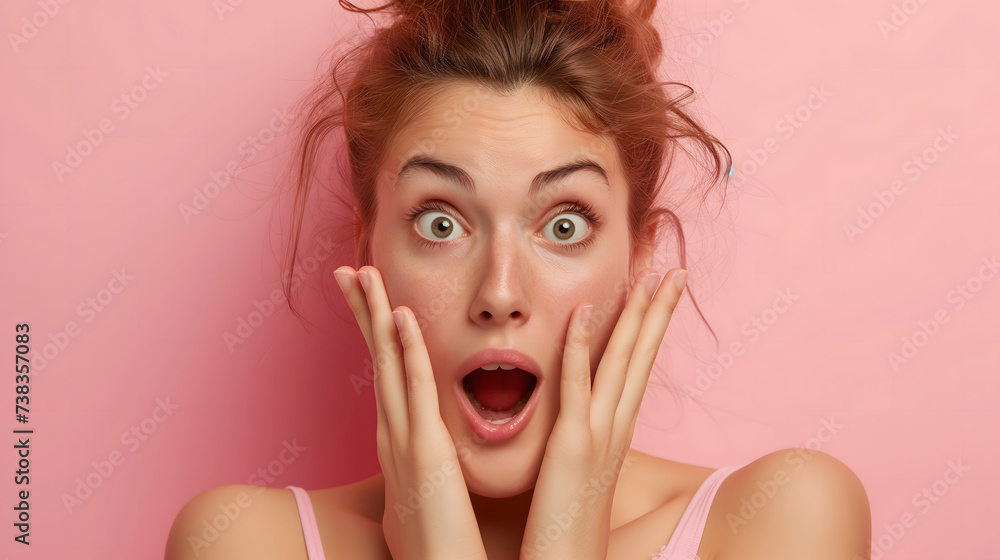 Shocked Young Woman with Wide Eyes and Hands on Face Against Pink Background