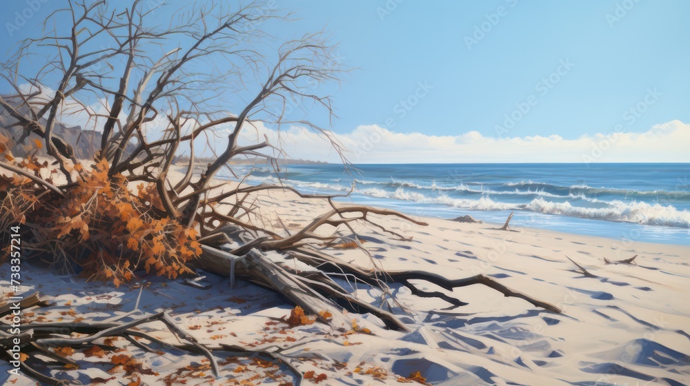 Beach view with tree branch trash on the sand blue light sky background nature wallpaper.