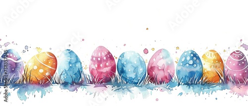 Easter themed watercolor frame border with colorful pastel eastereggs on a white background. photo
