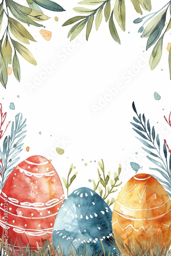 Easter themed watercolor frame border with colorful pastel eastereggs on a white background. photo