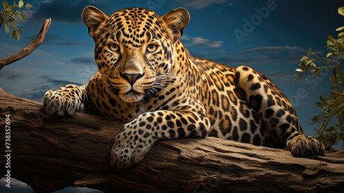 jaguars lounging gracefully on a sturdy tree branch, their sleek bodies blending seamlessly with the lush foliage of the surrounding jungle, exuding power and tranquility. © lililia