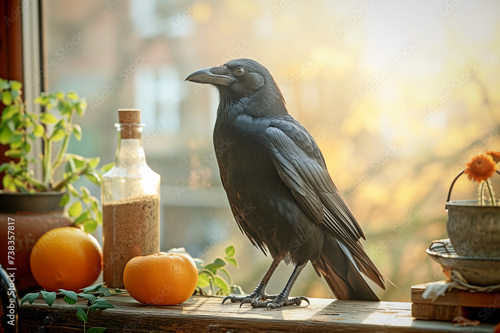 Fototapeta premium Curious crow looking comfortable with domestic ease in a rustic kitchen
