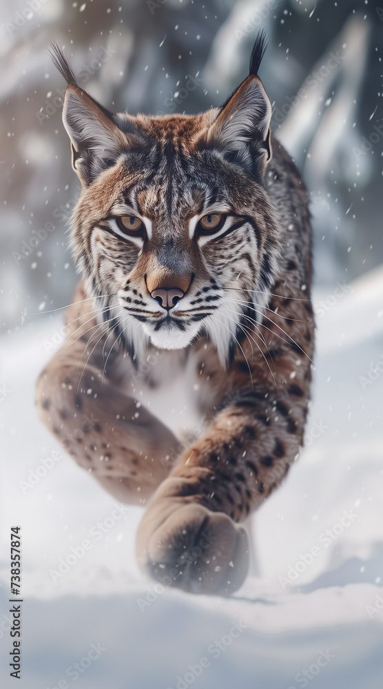 a lynx running, in the snow, front shot