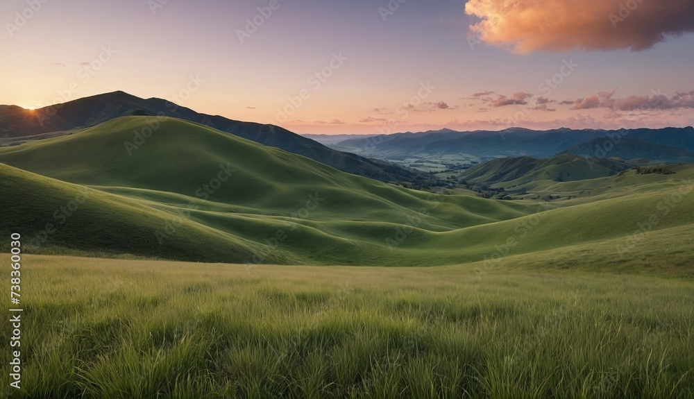 A tranquil sunset over rolling green hills with lush grass in the foreground and distant mountains under a soft sky. Generative AI.