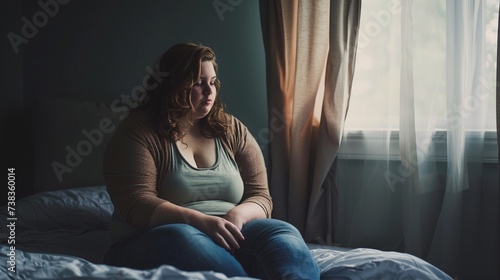 Mid aged lonely overweight woman feeling depressed and stressed sitting on the bed with sad look near a window, bullying, negative emotion and mental health concept, copy space. © Jasper W