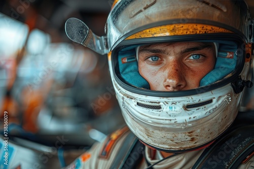 A racer in a racing suit and helmet posing next to a race car photo