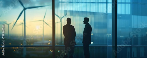 Investors and technician who are out of focus in the foreground are standing in talks about wind turbine power generation, Wind turbine farm is an alternative electricity source for business esg ideas photo