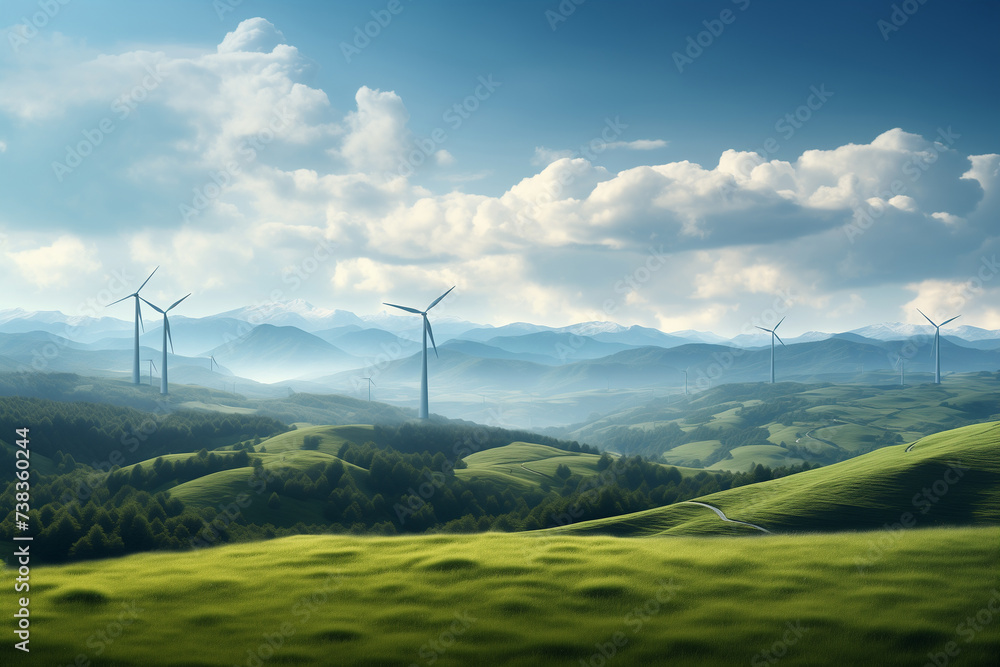 Wind turbines on green hills, cloudy summer day Wind turbines on green hills, cloudy summer day