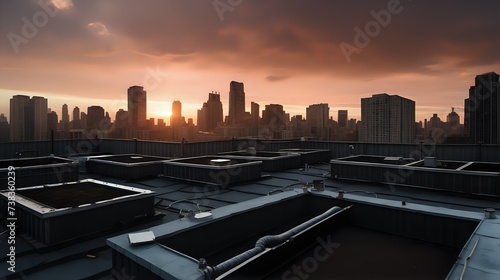 Dystopian Urban Rooftop At Sunset
