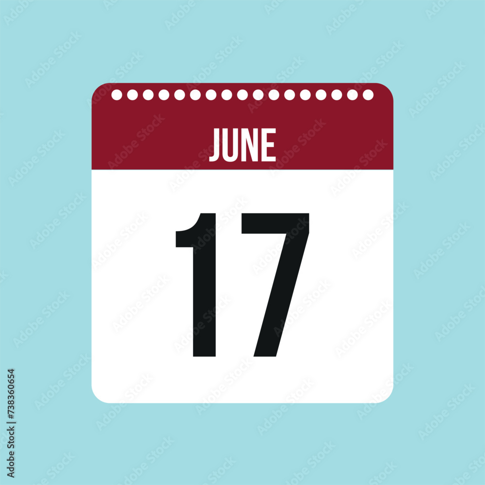 17 June calendar vector icon. Red and black June date for the days of the month and the week on a light background 17 June calendar vector icon. Red and black June date for the days of the month and the week on a light background