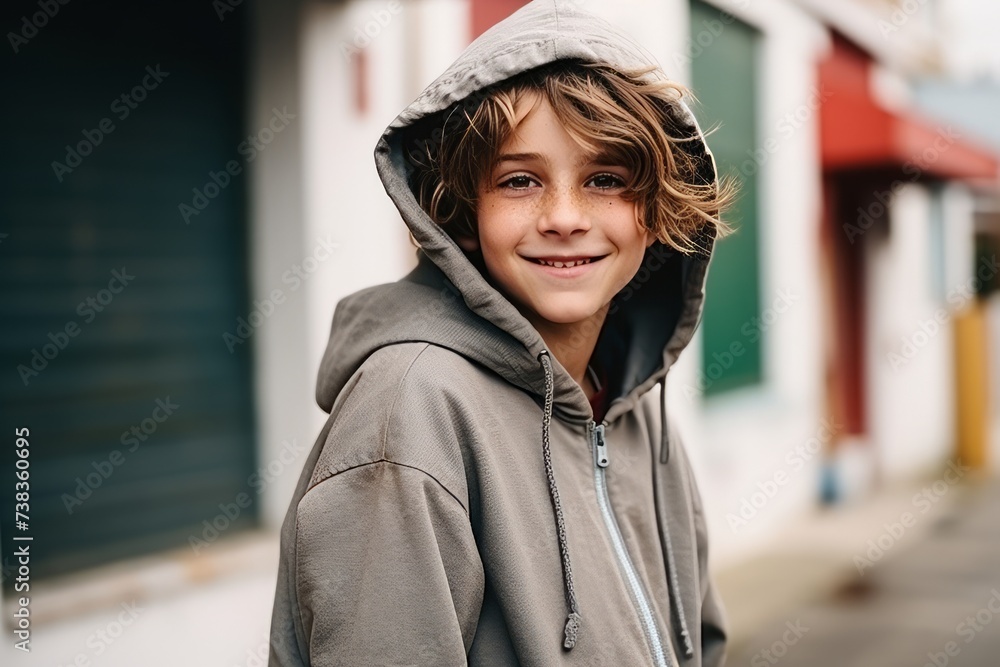 Portrait of a smiling boy in a hoodie standing in the street