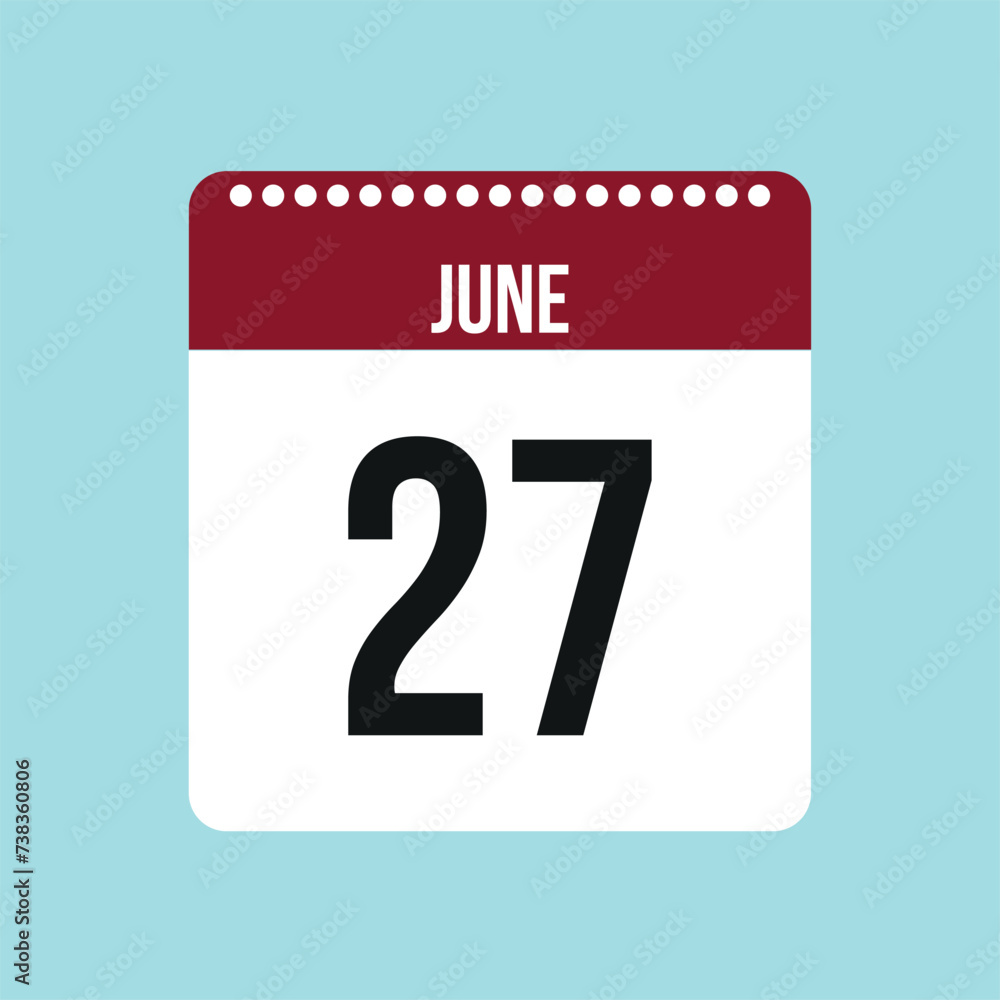 27 June calendar vector icon. Red and black June date for the days of the month and the week on a light background 27 June calendar vector icon. Red and black June date for the days of the month and the week on a light background