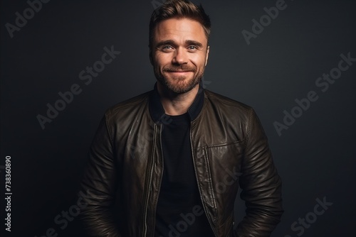 Portrait of a handsome man in leather jacket over dark background.
