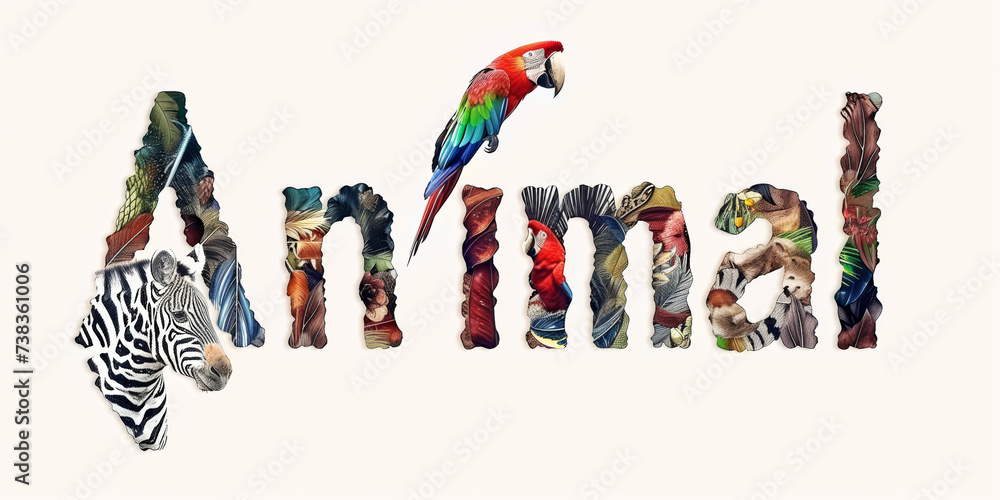 Text animal made  from 3 d letters shaped leopard, zebra, parrot  texture on white background. Zoo, wildlife, Africa vibe. Animal print.