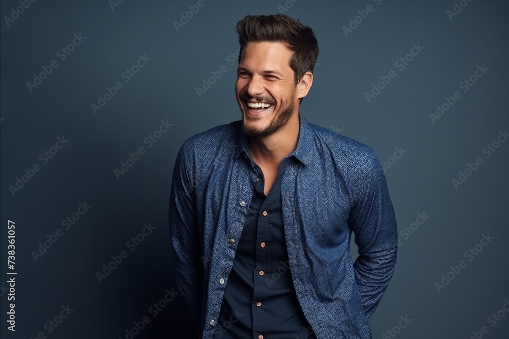 Handsome young man laughing and looking at camera while standing against grey background Handsome young man laughing and looking at camera while standing against grey background