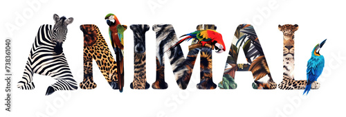 Text animal made  from 3 d letters shaped leopard  zebra  parrot  texture on white background. Zoo  wildlife  Africa vibe. Animal print.