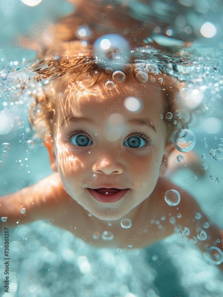 happy kid swimming underwater with bubbles around