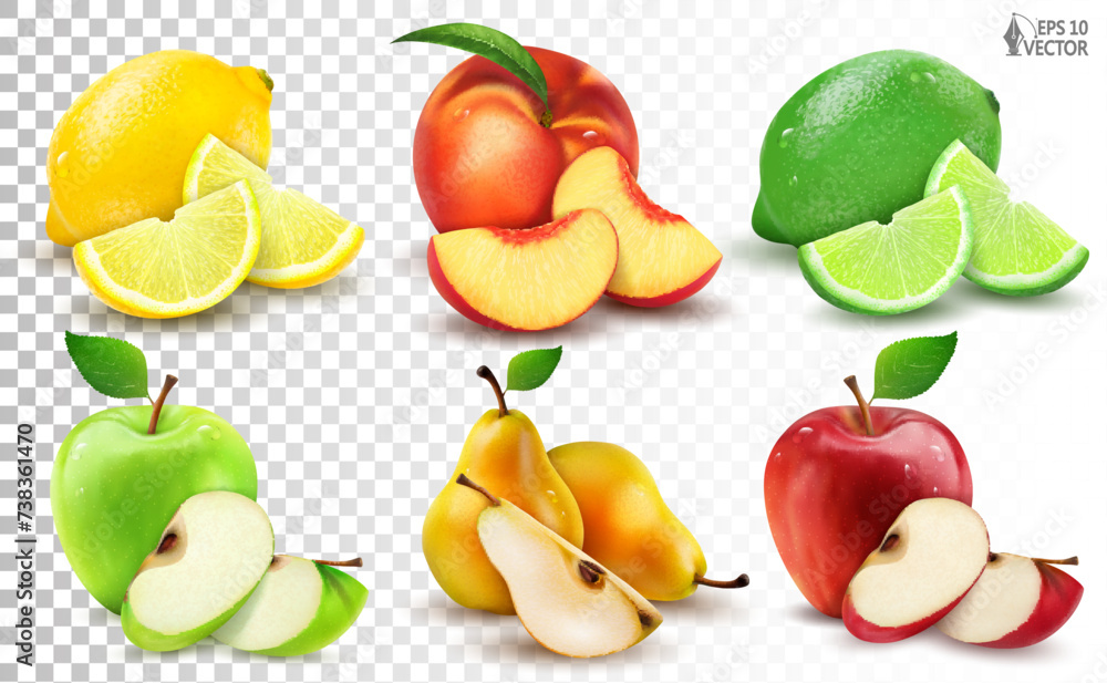 Vector big set of ripe fresh fruits. Citrus, apples and pears, whole and pieces. 3D realistic food illustrations for advertising and packaging design Vector big set of ripe fresh fruits. Citrus, apples and pears, whole and pieces. 3D realistic food illustrations for advertising and packaging design