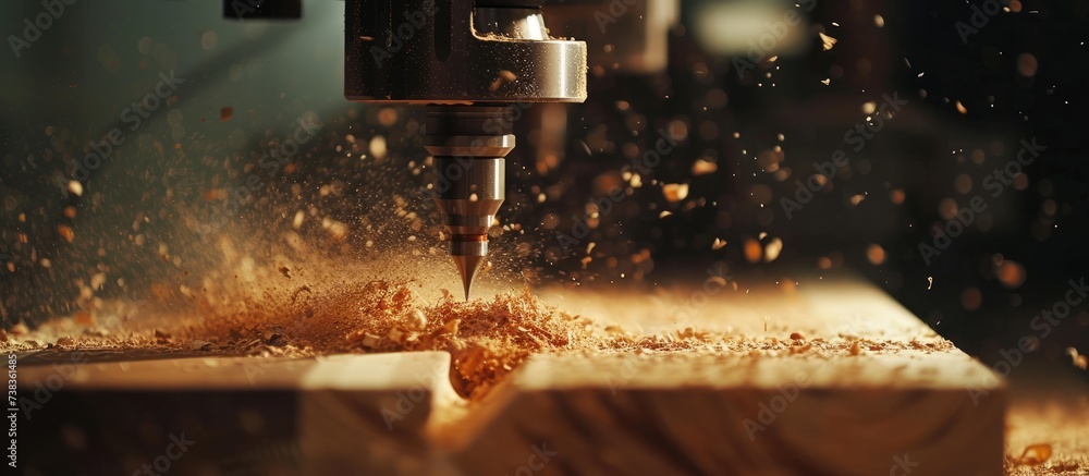 CNC milling machines process wooden boards, creating sawdust that scatters in slow motion. - obrazy, fototapety, plakaty 