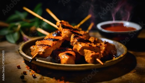 Meat on the grill, chicken satay skewers topped with sauce. Generated with AI