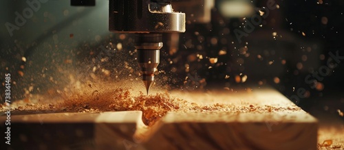 CNC milling machines process wooden boards, creating sawdust that scatters in slow motion. photo