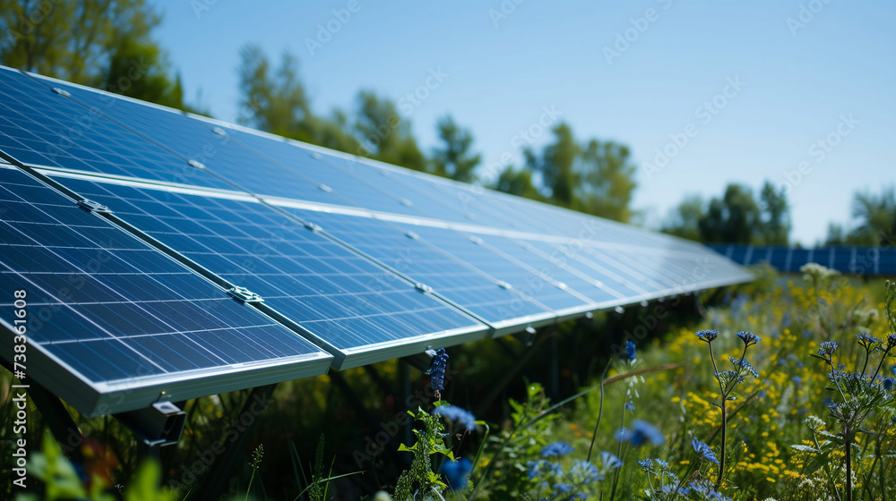 Solar Panels Photovoltaics in a Solar Farm on a Field with Clear Blue Sky and Wildflowers. Renewable Energy in Natural Setting. 