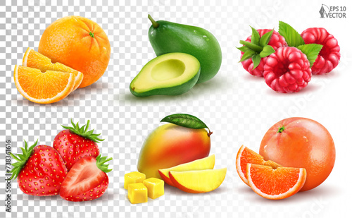 Fototapeta Naklejka Na Ścianę i Meble -  Vector big set of fresh tropical fruits. Orange, strawberries, mango, whole and pieces. 3D realistic food illustrations for advertising and packaging design