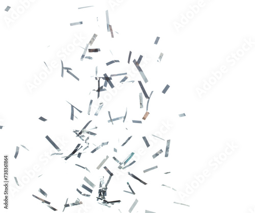 Silver Confetti Foil fall splashing in air. Silver Confetti Foil explosion flying  abstract cloud fly. Many Party glitter scatter in many group. White background isolated high speed shutter freeze