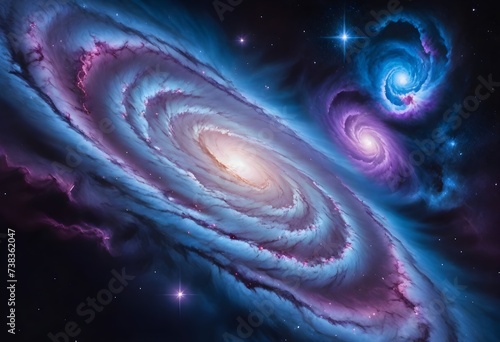 A detailed cosmic scene featuring a vibrant spiral galaxy with pronounced swirling arms, dust lanes, and bright star clusters, set against a backdrop with multiple smaller galaxies and nebulous areas 