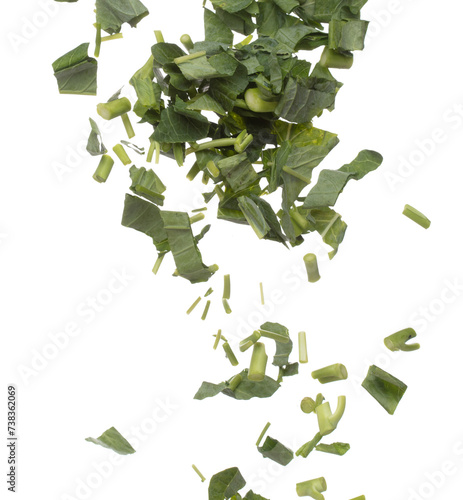 Kale fly fall mid air, green fresh vegetable chinese kale cut chop slice. Organic fresh vegetable with eaten leaf of chinese kale, heap close up texture. White background isolated freeze motion