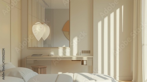 Serene Minimalist Bedroom with Statement Pendant Light AI Generated.