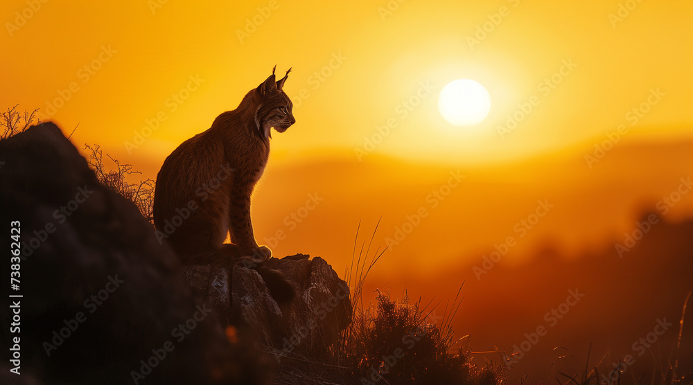 a female Iberian lynx sitting on top of a hill, silhouette against a setting sun with a warm orange glow, she is sitting sideways looking down the valley for prey