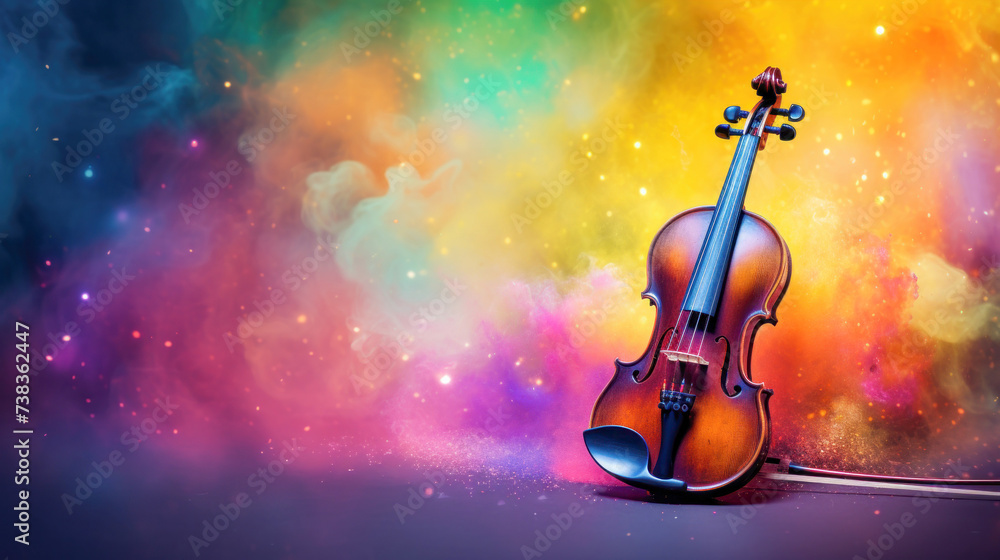 Celebrate world music day background with violin on abstract colorful dust background with copy space. Music day event and classic musical instruments colorful, Creative music and festival concept