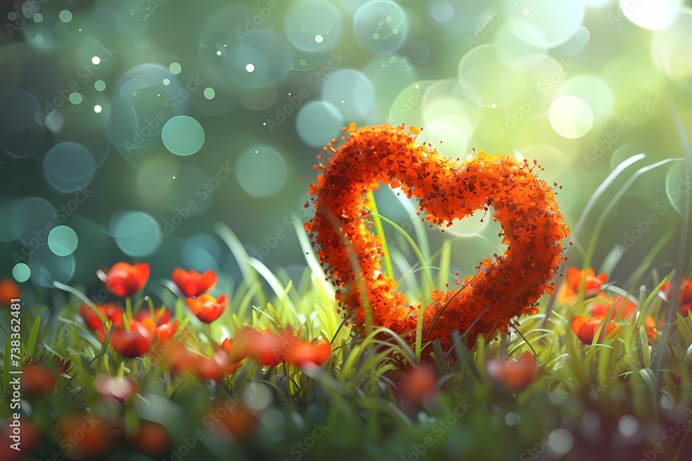 Vibrant Heart-Shaped Plant in Lush Green Meadow with Morning Dew
