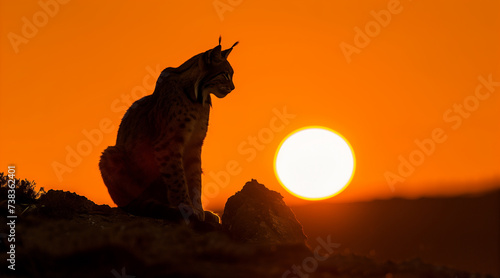 a female Iberian lynx sitting on top of a hill, silhouette against a setting sun with a warm orange glow, she is sitting sideways looking down the valley for prey © Enrique