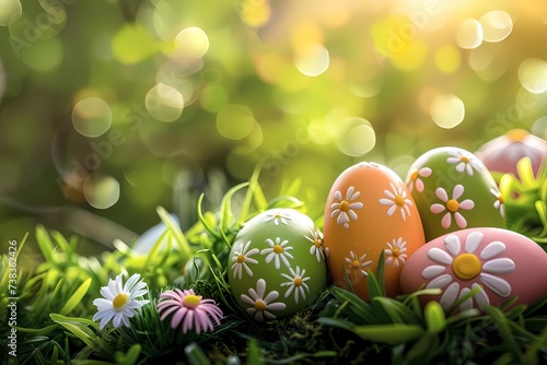 Hand-painted Easter eggs nestled in fresh spring grass with morning dew